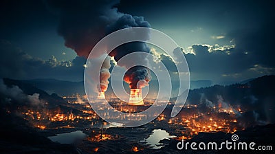 Closeup view Nuclear energy chimney with smoke Stock Photo