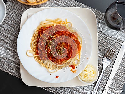 Closeup view of plate of spaghetti with Bolognese sauce Stock Photo