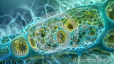 A closeup view of a pollen grain split open revealing its inner structure of tiny cells and membranes. The image appears Stock Photo