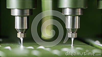 A closeup view of precision nozzles spraying adhesives on tiny parts operated by a computercontrolled robotics system.. Stock Photo