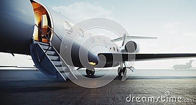 Closeup view of private jet airplane parked at outside and waiting business persons. Luxury tourism and business travel Stock Photo