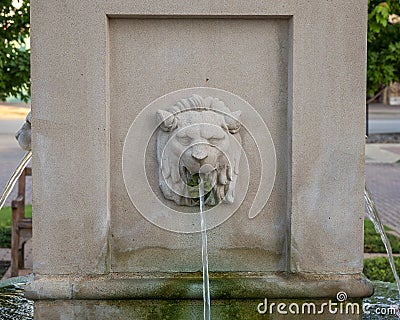 Closeup view of a replica fountain in front of the historic Vandergriff Office Building in Arlington, Texas. Editorial Stock Photo