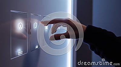 A closeup view reveals a user interacting with a holographic interface manipulating floating icons with gestures. The Stock Photo