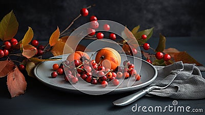 Closeup view of seasonal table setting with autumn leaves, pumpkins and ashberries on grey background, generative ai Stock Photo