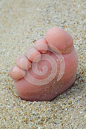 Closeup view of small feet with toes in the sand lit by the sunset light Stock Photo