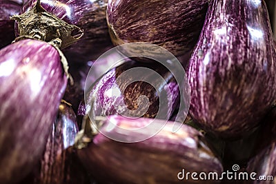 Closeup view of small purple Asian eggplants, food background photography. Pile of fresh eggplants at Indian market, vegetarian Stock Photo