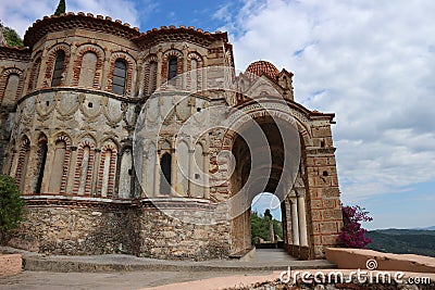 Closeup view to byzantium Pantanassa`s Monastery in ancient abandoned city Mystras, Peloponnese, Greece Stock Photo
