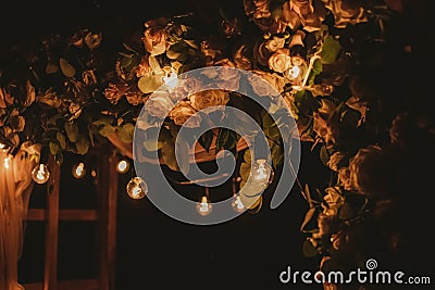 Closeup view of top of beautiful floral night wedding decorations Stock Photo