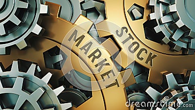 Closeup view of two golden cogwheels with the words: stock market, Business concept. Gear mechanism. 3d illustration Stock Photo