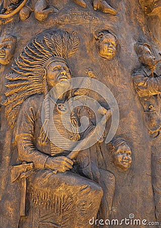 Closeup view 'Vision of the Arts' sculpture by artist Barvo Walker at the Granville Arts Center in Garland. Editorial Stock Photo