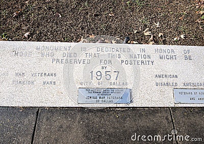 Closeup view war monument dedicated to the dead of all wars in the Veterans Memorial Garden, Dallas, Texas. Editorial Stock Photo