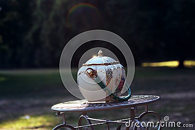 Closeup of a vintage patterned porcelain sugar pot Stock Photo