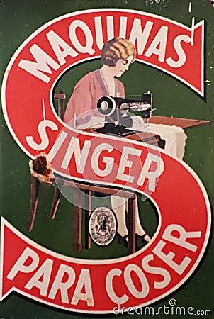 Closeup of vintage, retro poster for Singer sewing machines in Spanish Editorial Stock Photo