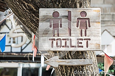 Closeup vintage Toilet Wooden Sign in a park Stock Photo