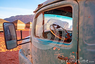 Closeup of vintage truck used to carry water in the Wadi Rum desert (Jordan) Stock Photo