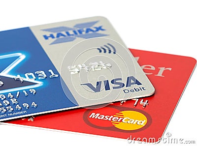 Closeup of Visa and Mastercard credit cards Editorial Stock Photo