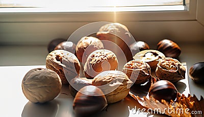 Closeup with walnuts and chestnuts on the windowsill where rays of sunlight shine through Stock Photo