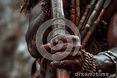 closeup of a warriors hands gripping a traditional staff weapon Stock Photo