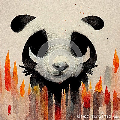 Closeup watercolor of a panda behind flames Stock Photo