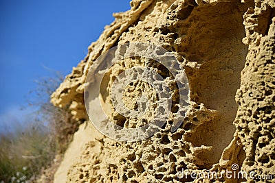 Closeup of the weathering of the globigerina limestone under the sunlight and a blue sky in malta Stock Photo