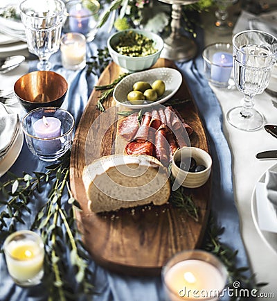 Closeup of Wedding Reception Table Setting with Food Stock Photo