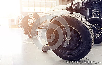 Closeup wheels and shock absorbers Stock Photo