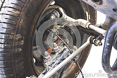 Closeup wheels and shock absorbers Stock Photo