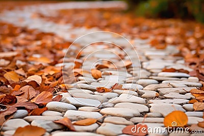 Closeup Of White Flat Rock Pathway On Beige Background Next To Autumn Leaves. Generative AI Stock Photo