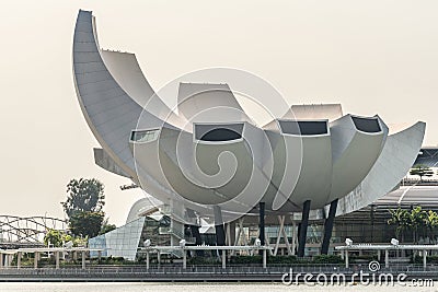 Closeup of white lotus or shell shaped ArtScience museum in Singapore Editorial Stock Photo