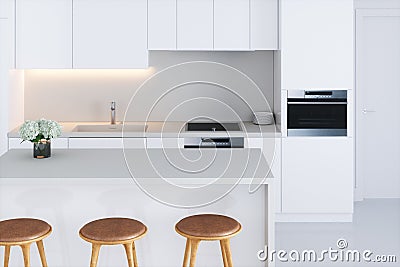 Closeup white minimalistic kitchen 3d render Stock Photo