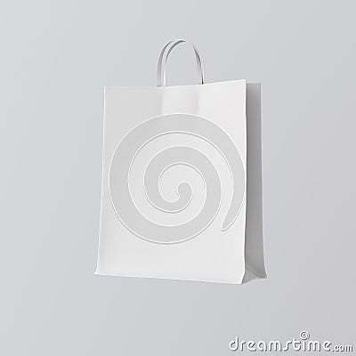 Closeup White Paper Bag Isolated Center Gray Empty Background.Mockup Highly Detailed Texture Materials.Space for Stock Photo