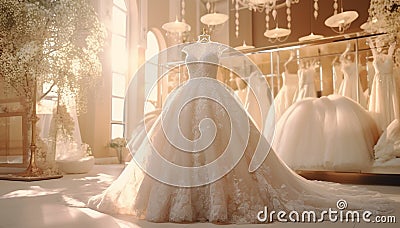 Closeup white wedding dress in bridal salon room background. Banner. Front view of stylish dress for wedding day. Beautiful Stock Photo