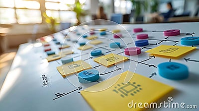 Closeup of a whiteboard illustrating a complex process via colorful sticky notes and pushpins. A visual metaphor for workflow, Stock Photo