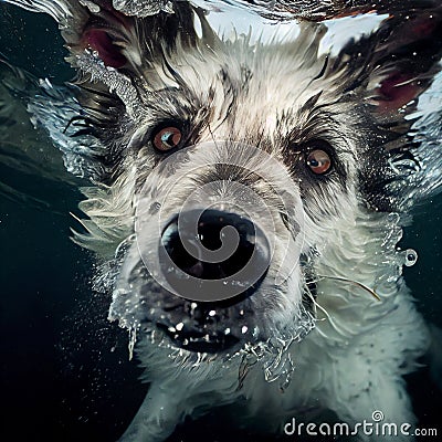 Closeup wide angle underwater photo upshot of a shaggy dog underwater Stock Photo