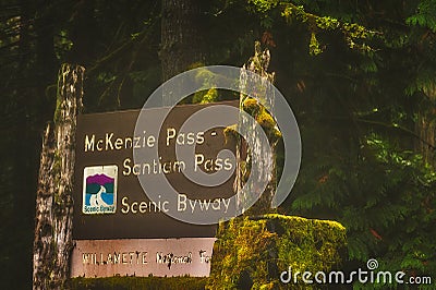 Closeup of McKenzie Pass-Santiam Pass Scenic Byway Sign Editorial Stock Photo