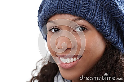 Closeup winter portrait of happy afro woman Stock Photo