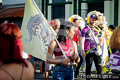 Closeup woman carries flag with group emblem by city street at dominican carnival Editorial Stock Photo