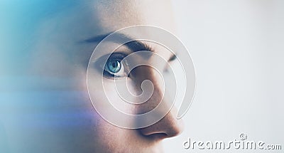 Closeup of woman eye with visual effects, on white background. Horizontal Stock Photo