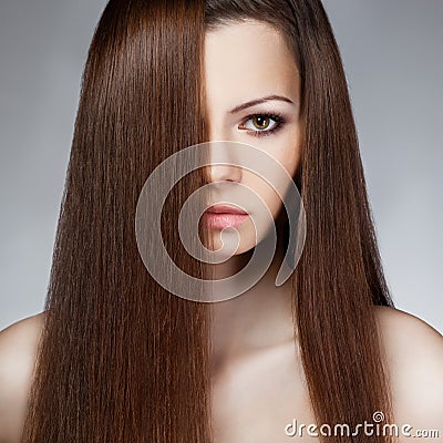 Closeup woman face with long hair Stock Photo