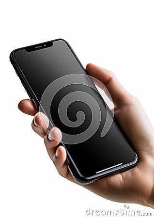 A mobile phone with an empty white screen and a hand holding and transparent video game apple with sleek lines and a powerful head Stock Photo