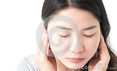 Closeup woman hand closes her ears with white background. Stock Photo