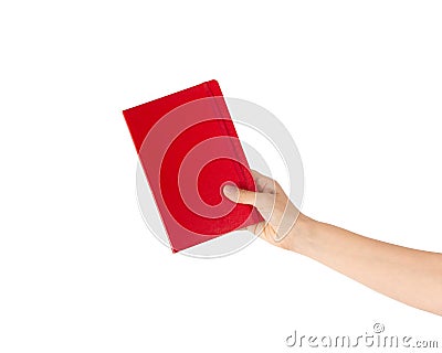 Closeup of woman hand showing red notebook, holding textbooks or organizers, education, reading literature. Indoor studio shot Stock Photo