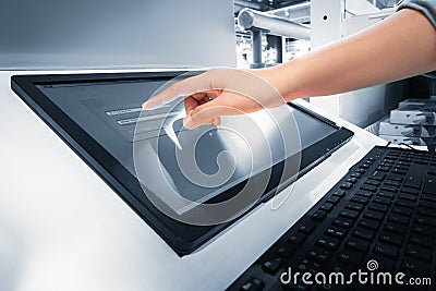 Closeup of woman hand is touching interactive screen monitor for typing input username and password in security verification Stock Photo
