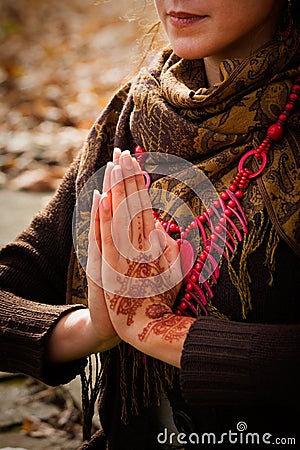 Closeup of woman hands with henna drowing Stock Photo