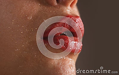 Closeup of woman healthy lips. Cosmetology injections. Beauty plastic. Lip augmentation. Stock Photo