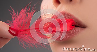 Closeup of woman healthy lips. Cosmetology injections. Beauty plastic. Lip augmentation. Stock Photo