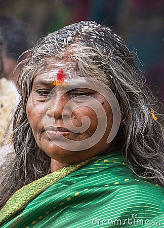 Closeup of woman at Pilgrim farewell ceremony, Belathur Karnataka India. Editorial Stock Photo