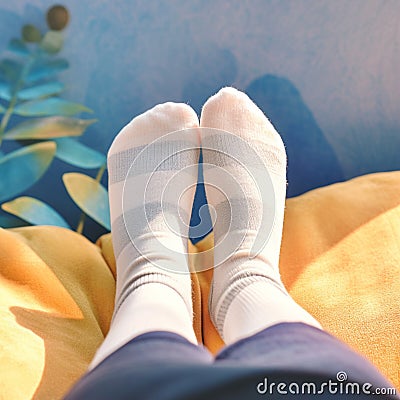 Closeup woman relaxes on sofa in white striped socks Stock Photo
