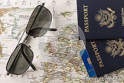 Passports, Map and sunglasses - Europe Stock Photo