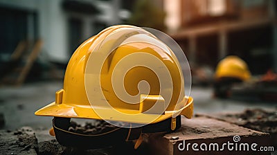 A closeup of yellow construction helmet, A beautiful construction yard in the background. Generative AI Stock Photo